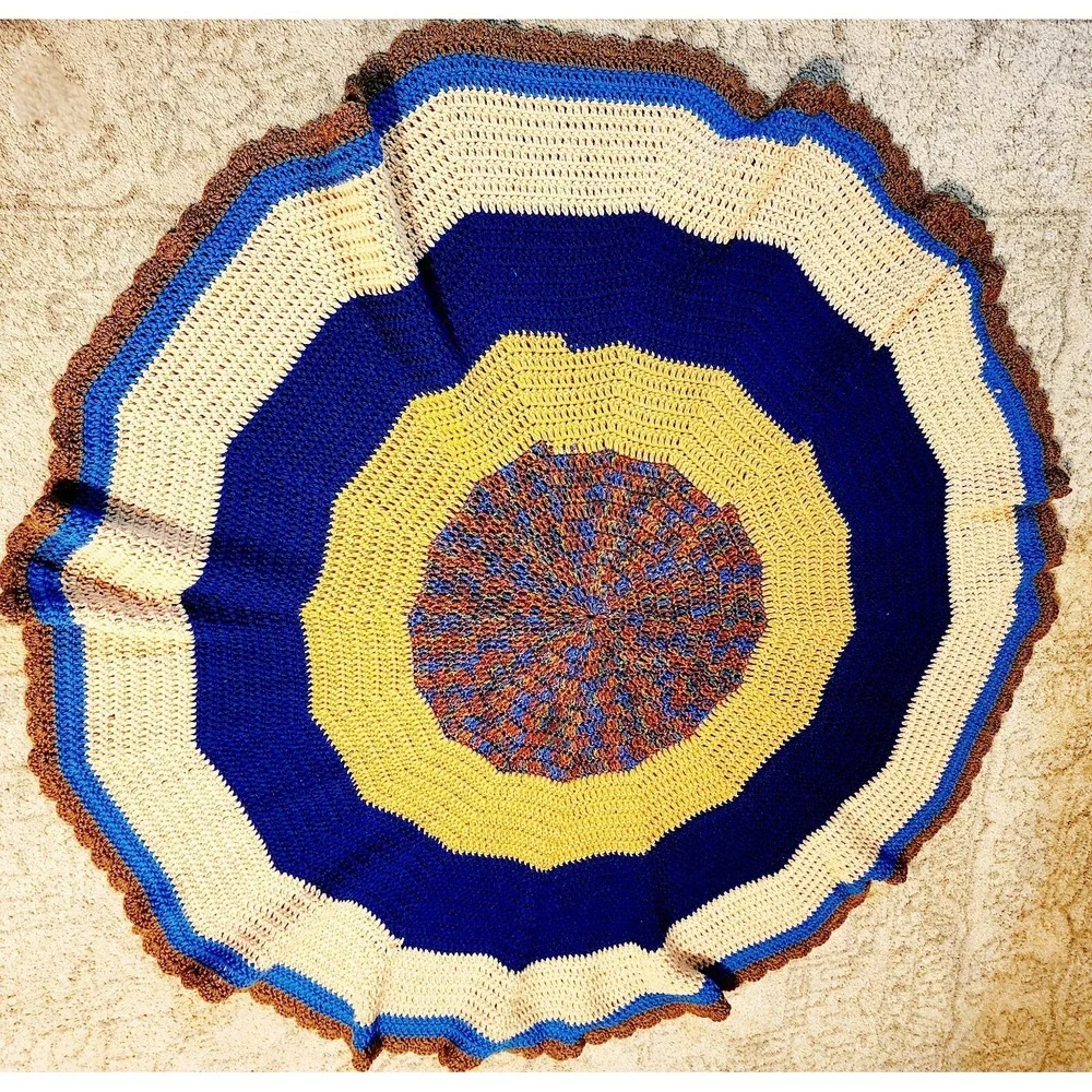 Beautiful Crocheted Blanket Round With Colorful Blue/brown Pattern 58in
